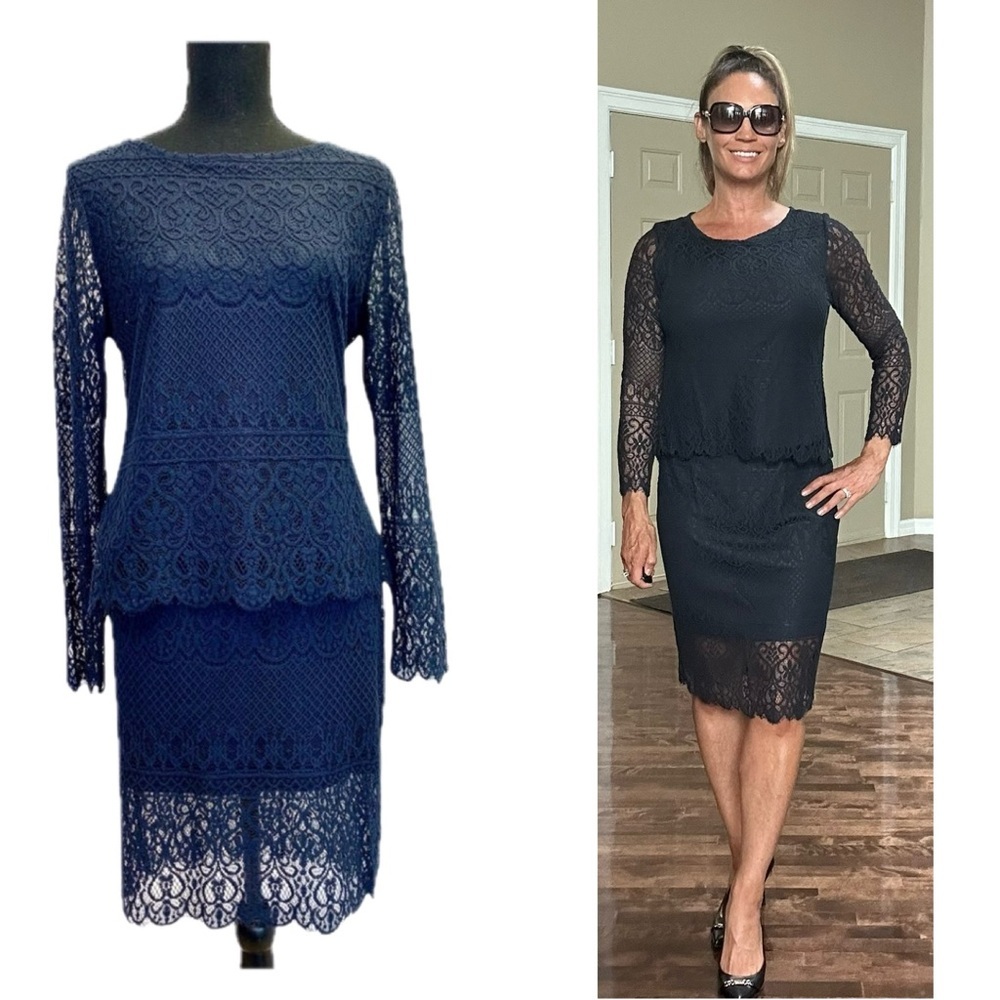 ADIVA Navy blue stretchy lace overlay long sleeve skirt blouse set size medium